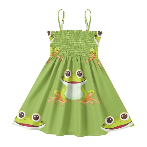 DALAWU Lightweight Cute Many Frogs Smocked Sundress Adjustable Strap Flowy A-Line Summer Dress