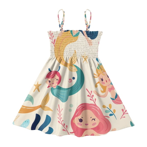 DALAWU Lightweight Cute Mermaids and Friends Smocked Sundress Adjustable Strap Flowy A-Line Summer Dress