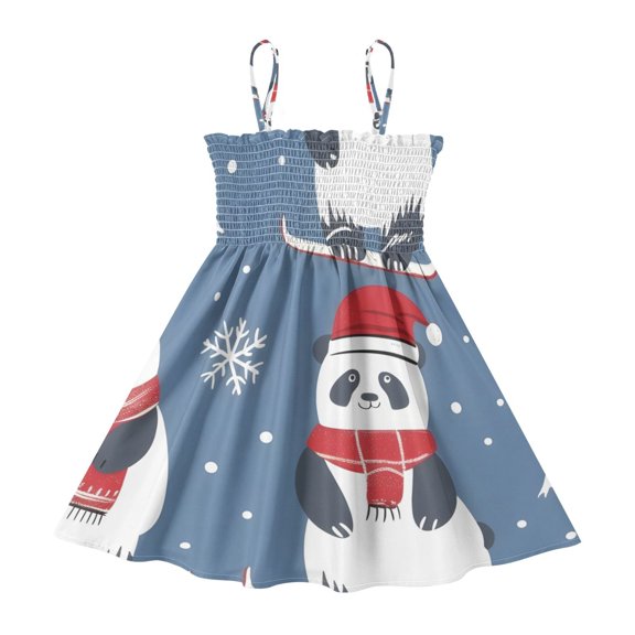 DALAWU Lightweight Cute Panda Skiing Smocked Sundress Adjustable Strap Flowy A-Line Summer Dress