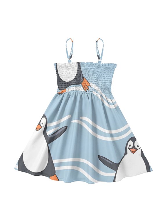 Lightweight Cute Penguin Dancing Smocked Sundress Adjustable Strap Flowy A-Line Summer Dress