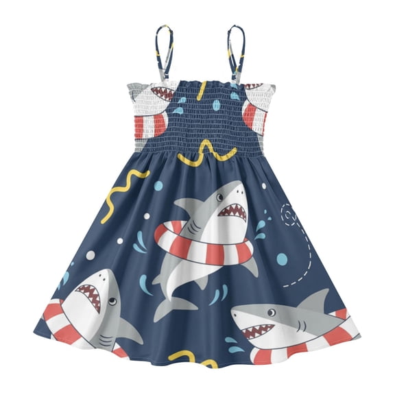 DALAWU Lightweight Cute Shark Swim Blue Smocked Sundress Adjustable Strap Flowy A-Line Summer Dress