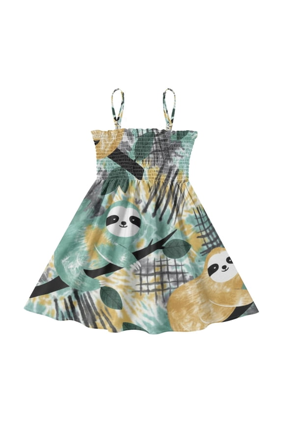 Lightweight Cute Sloth Pattern Smocked Sundress Adjustable Strap Flowy A-Line Summer Dress