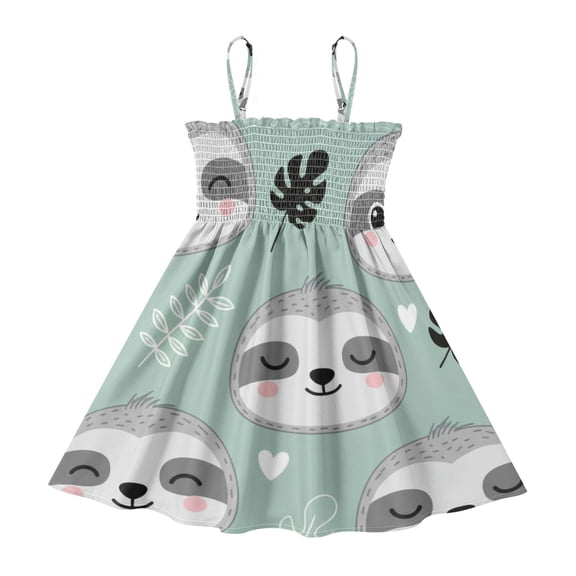 DALAWU Lightweight Cute Sloths Smocked Sundress Adjustable Strap Flowy A-Line Summer Dress
