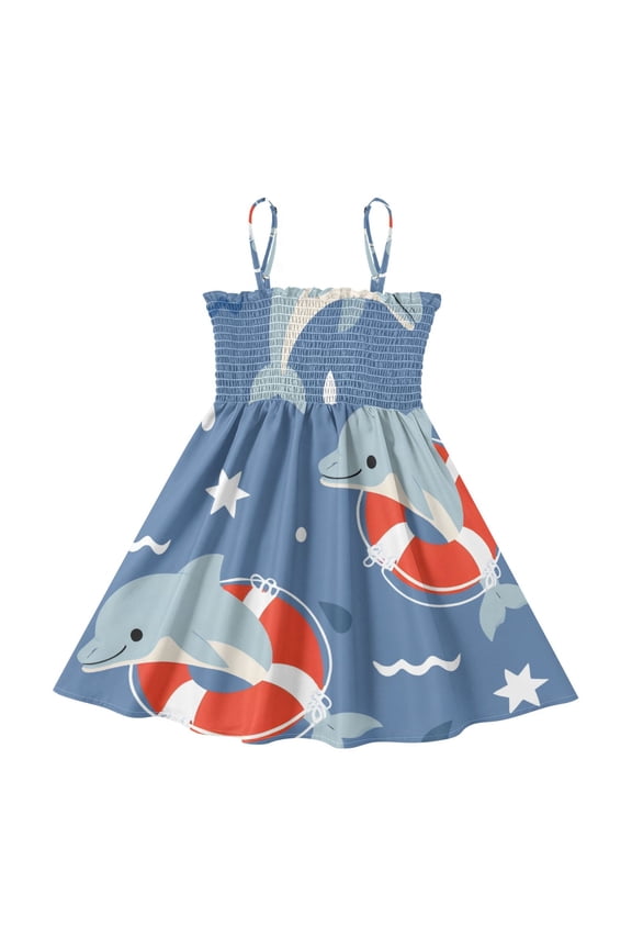Lightweight Cute Swimming Circle Pattern Smocked Sundress Adjustable Strap Flowy A-Line Summer Dress