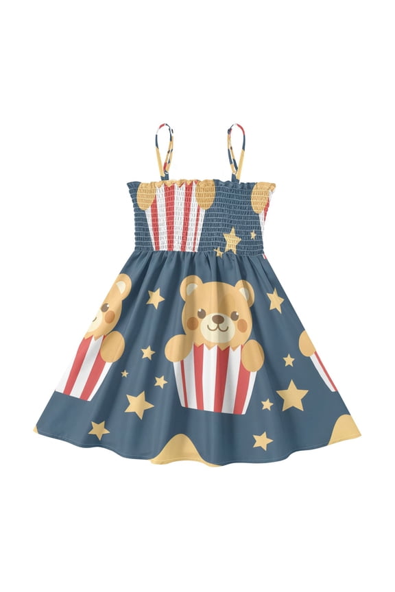 Lightweight Cute Teddy Bear Popcorn Smocked Sundress Adjustable Strap Flowy A-Line Summer Dress