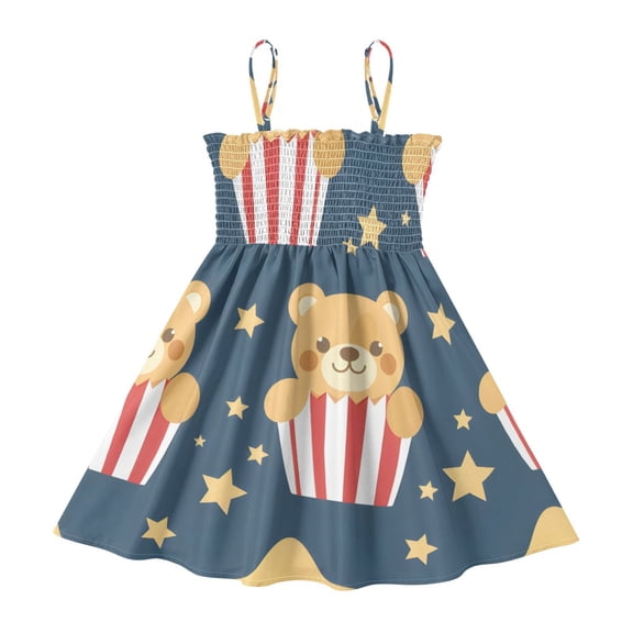 DALAWU Lightweight Cute Teddy Bear Popcorn Smocked Sundress Adjustable Strap Flowy A-Line Summer Dress