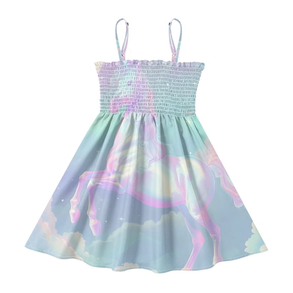 DALAWU Lightweight Cute Unicorn Smocked Sundress Adjustable Strap Flowy A-Line Summer Dress