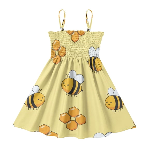 DALAWU Lightweight Cute Yellow Bee and Honeycomb Smocked Sundress Adjustable Strap Flowy A-Line Summer Dress