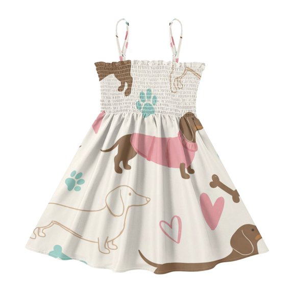 DALAWU Lightweight Dachshund Smocked Sundress Adjustable Strap Flowy A-Line Summer Dress