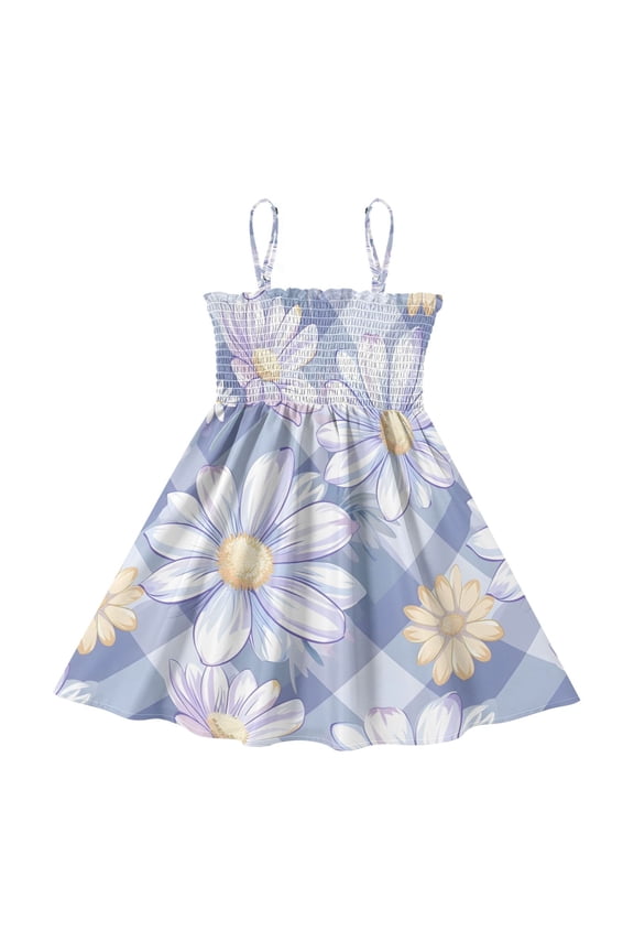 Lightweight Daisies Blue Purple and White Checkered Pattern Pattern Smocked Sundress Adjustable Strap Flowy A-Line Summer Dress