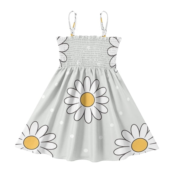 DALAWU Lightweight Daisy Polka Dots Pattern Smocked Sundress Adjustable Strap Flowy A-Line Summer Dress