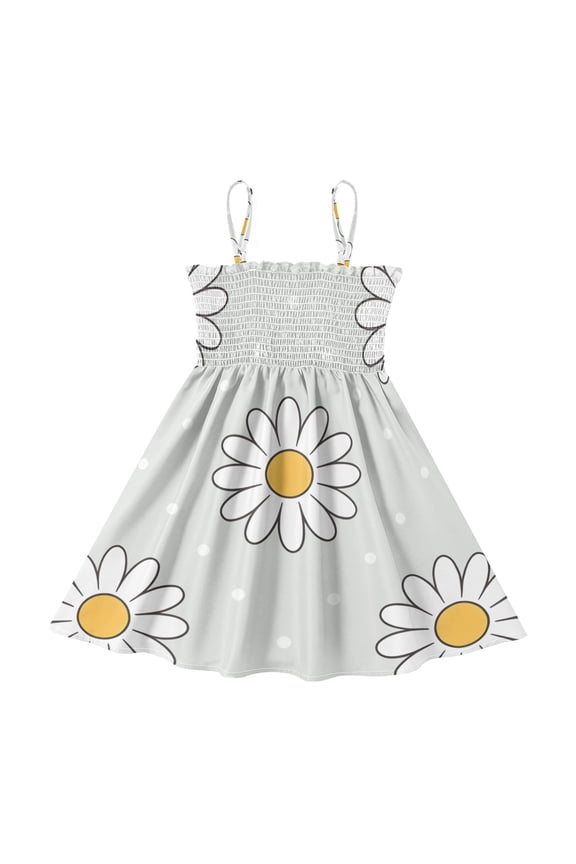 Lightweight Daisy Polka Dots Pattern Smocked Sundress Adjustable Strap Flowy A-Line Summer Dress