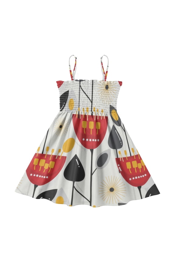 Lightweight Danish Flower Design Smocked Sundress Adjustable Strap Flowy A-Line Summer Dress