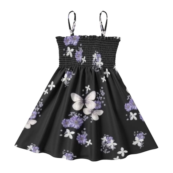 DALAWU Lightweight Dark Floral Wings Smocked Sundress Adjustable Strap Flowy A-Line Summer Dress