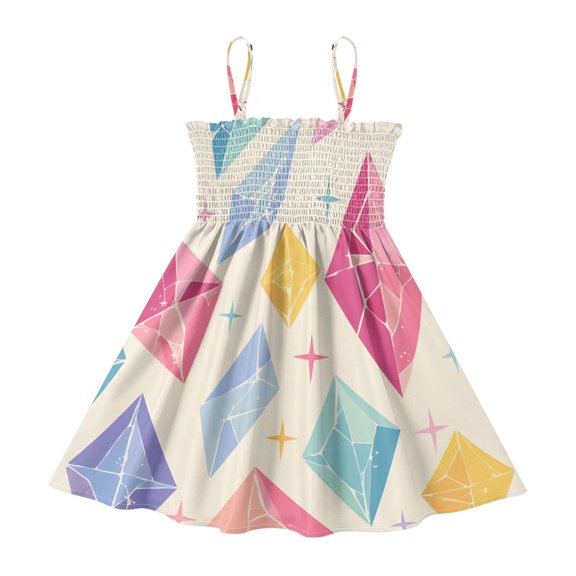 DALAWU Lightweight Diamonds Are Diverse Smocked Sundress Adjustable Strap Flowy A-Line Summer Dress