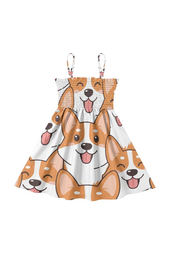 Lightweight Dog Corgis Smocked Sundress Adjustable Strap Flowy A-Line Summer Dress