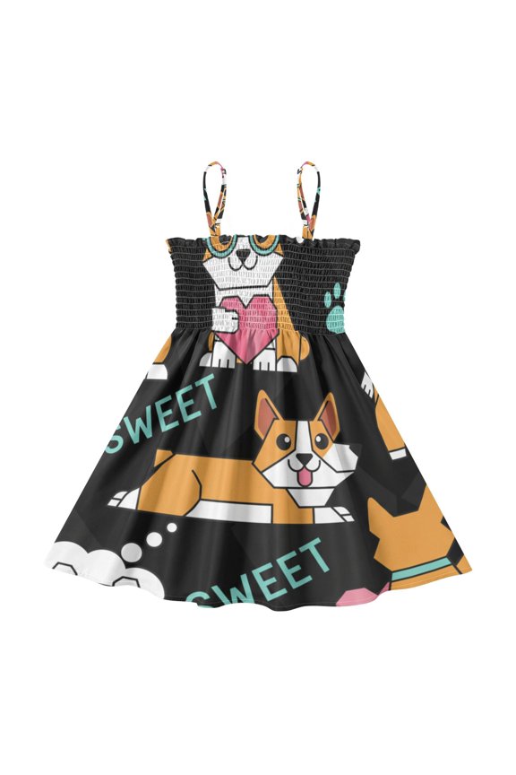 Lightweight Dogs Corgi Smocked Sundress Adjustable Strap Flowy A-Line Summer Dress