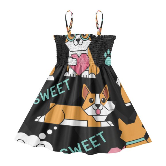 DALAWU Lightweight Dogs Corgi Smocked Sundress Adjustable Strap Flowy A-Line Summer Dress