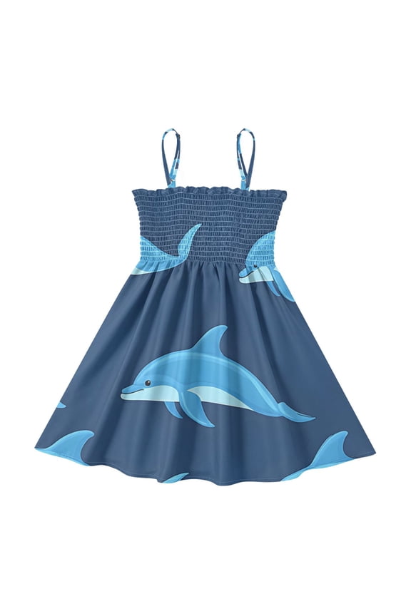 Lightweight Dolphin Navy Pattern Smocked Sundress Adjustable Strap Flowy A-Line Summer Dress