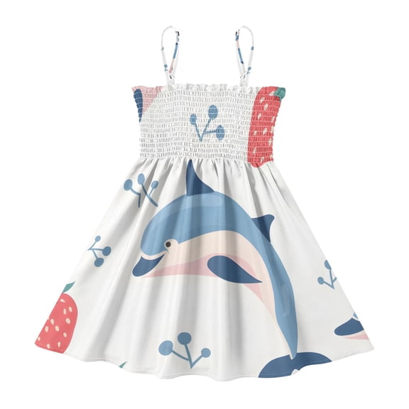 DALAWU Lightweight Dolphin Strawberry Smocked Sundress Adjustable Strap Flowy A-Line Summer Dress