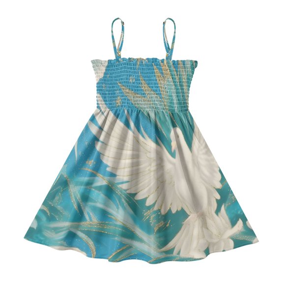 DALAWU Lightweight Dove and Cross Pattern Smocked Sundress Adjustable Strap Flowy A-Line Summer Dress