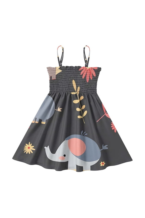Lightweight Elephant Smocked Sundress Adjustable Strap Flowy A-Line Summer Dress