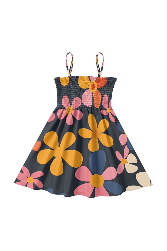 Lightweight Floral Groovy Vector Seamless Smocked Sundress Adjustable Strap Flowy A-Line Summer Dress