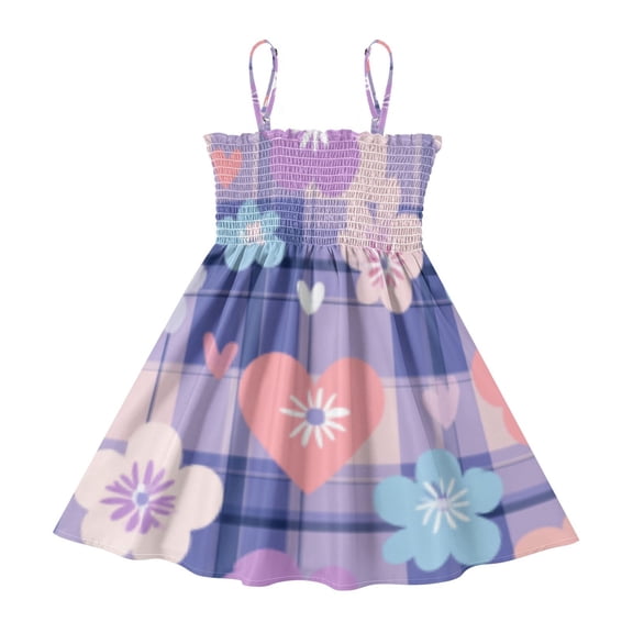 DALAWU Lightweight Floral and Heart Plaid Smocked Sundress Adjustable Strap Flowy A-Line Summer Dress