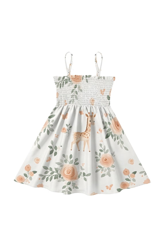 Lightweight Flower Giraff Pattern Smocked Sundress Adjustable Strap Flowy A-Line Summer Dress