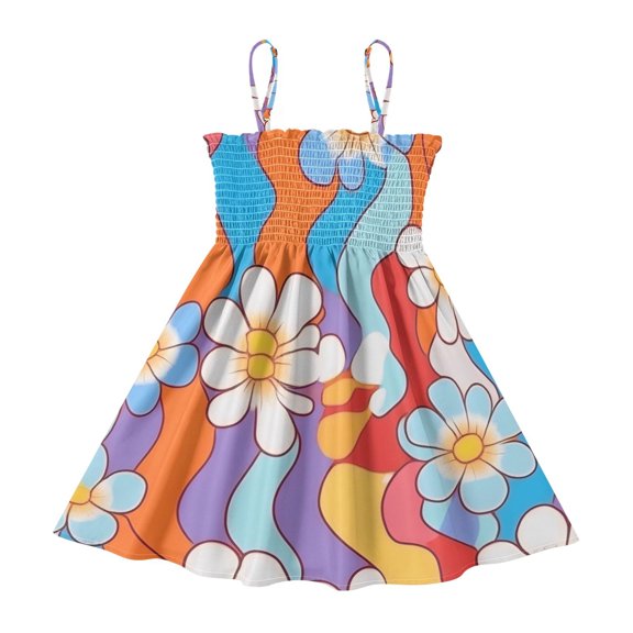 DALAWU Lightweight Flower Pattern (34) Smocked Sundress Adjustable Strap Flowy A-Line Summer Dress