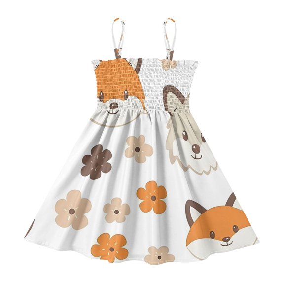 DALAWU Lightweight Fox Flower Pattern Smocked Sundress Adjustable Strap Flowy A-Line Summer Dress