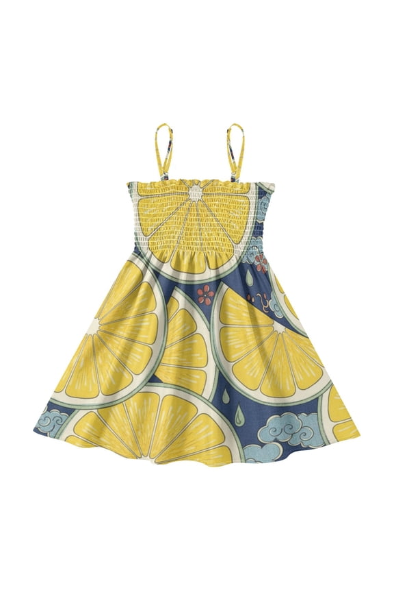 Lightweight Fruit Yellow Lemon Smocked Sundress Adjustable Strap Flowy A-Line Summer Dress