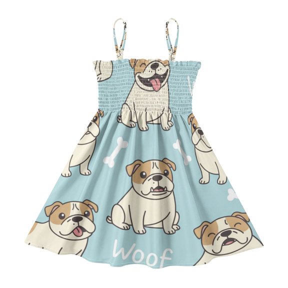 DALAWU Lightweight Funny English Bulldogs Smocked Sundress Adjustable Strap Flowy A-Line Summer Dress