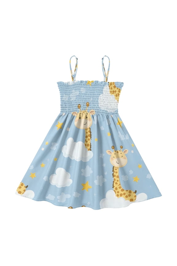 Lightweight Giraffe Cloud Pattern Smocked Sundress Adjustable Strap Flowy A-Line Summer Dress