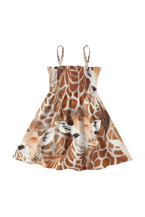 Lightweight Giraffe Head Pattern Smocked Sundress Adjustable Strap Flowy A-Line Summer Dress