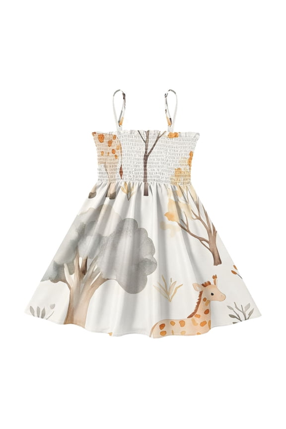 Lightweight Giraffe Tree Pattern Smocked Sundress Adjustable Strap Flowy A-Line Summer Dress