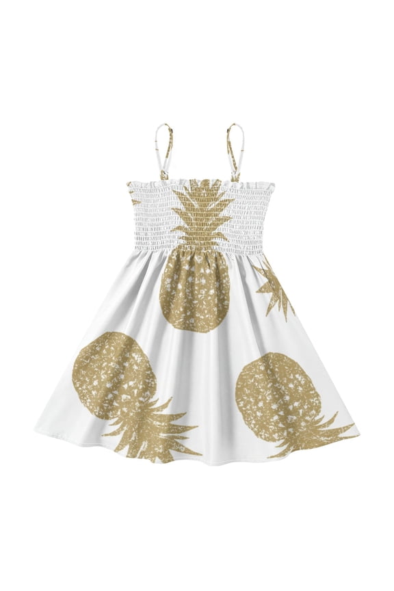 Lightweight Golden Pineapples Smocked Sundress Adjustable Strap Flowy A-Line Summer Dress