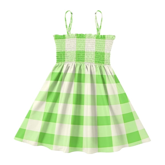 DALAWU Lightweight Green Gingham Pattern Smocked Sundress Adjustable Strap Flowy A-Line Summer Dress