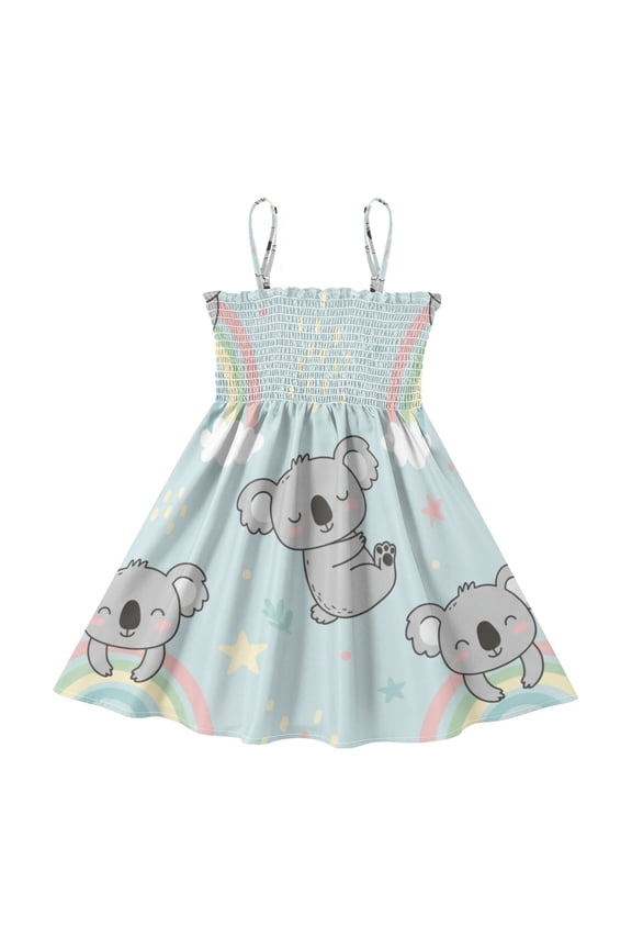 Lightweight Hand Drawn Cute Koala Smocked Sundress Adjustable Strap Flowy A-Line Summer Dress