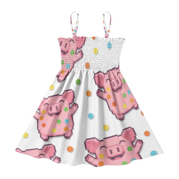 DALAWU Lightweight Happy Pink Pig Smocked Sundress Adjustable Strap Flowy A-Line Summer Dress