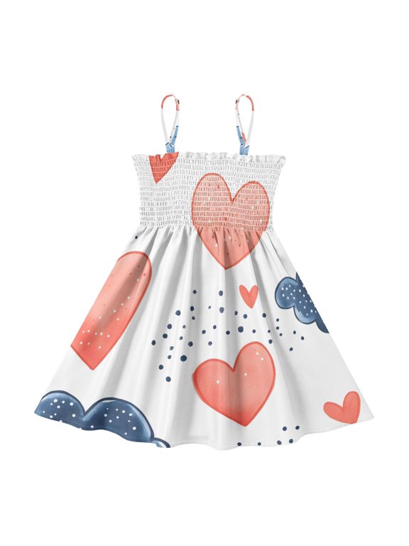 Lightweight Heart Cloud Pattern Smocked Sundress Adjustable Strap Flowy A-Line Summer Dress
