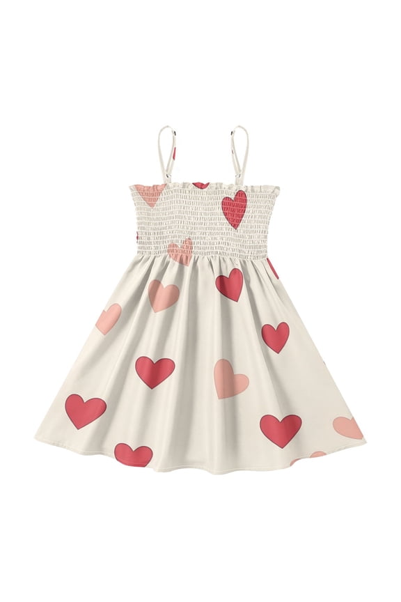 Lightweight Heart Pattern Smocked Sundress Adjustable Strap Flowy A-Line Summer Dress
