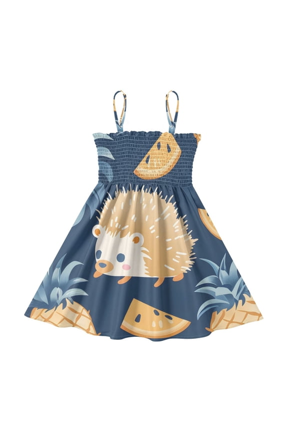Lightweight Hedgehog Pineapple Smocked Sundress Adjustable Strap Flowy A-Line Summer Dress