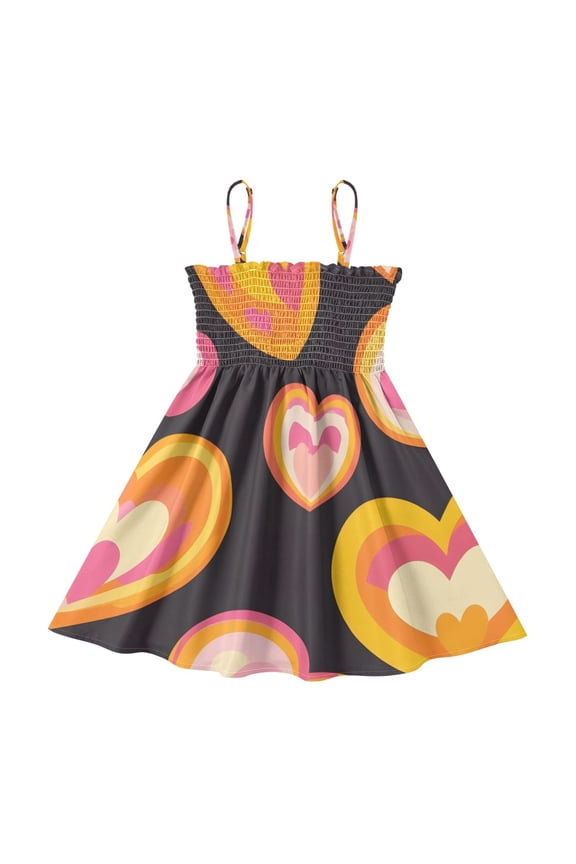 Lightweight Hippie Heart Pattern Smocked Sundress Adjustable Strap Flowy A-Line Summer Dress