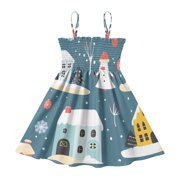 DALAWU Lightweight House and Snow Smocked Sundress Adjustable Strap Flowy A-Line Summer Dress