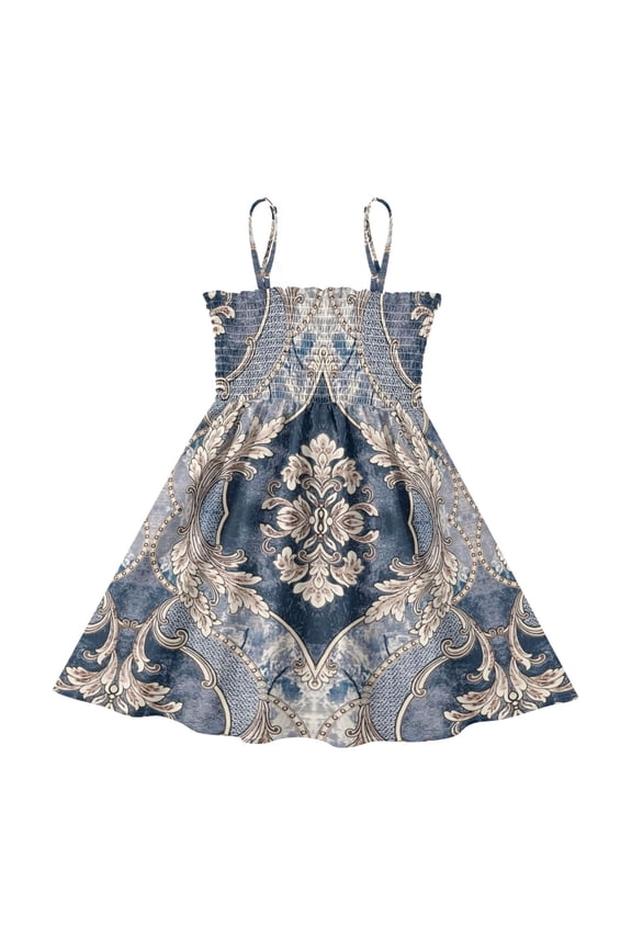 Lightweight Indigo Damask Bloom Smocked Sundress Adjustable Strap Flowy A-Line Summer Dress