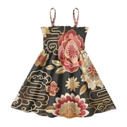 DALAWU Lightweight Japanese Pattern Flower Black Background Smocked Sundress Adjustable Strap Flowy A-Line Summer Dress