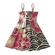 DALAWU Lightweight Japanese Pattern Line Flower Smocked Sundress Adjustable Strap Flowy A-Line Summer Dress