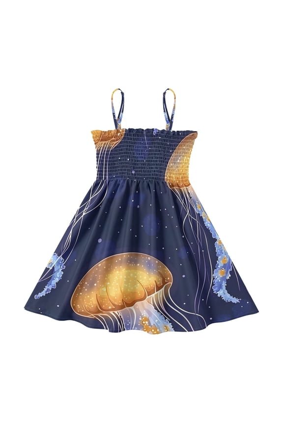 Lightweight Jellyfish Night Sea Pattern Smocked Sundress Adjustable Strap Flowy A-Line Summer Dress