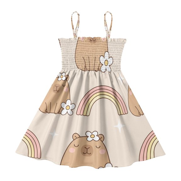 DALAWU Lightweight Kapibala Rainbow Pattern Smocked Sundress Adjustable Strap Flowy A-Line Summer Dress
